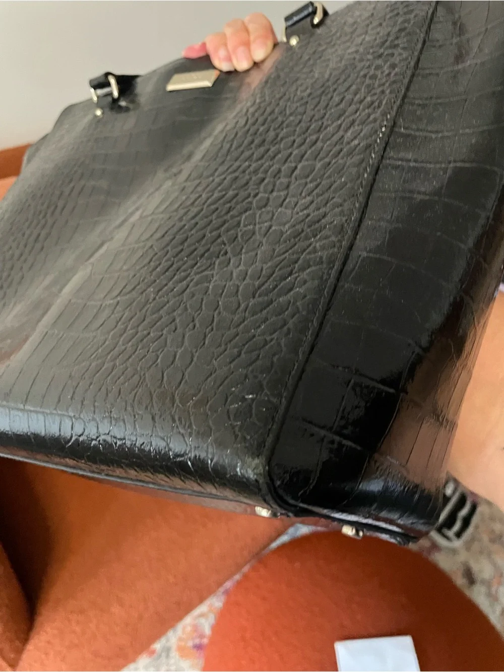 Y2K Kate Spade New York black croc work bag footed zipper top